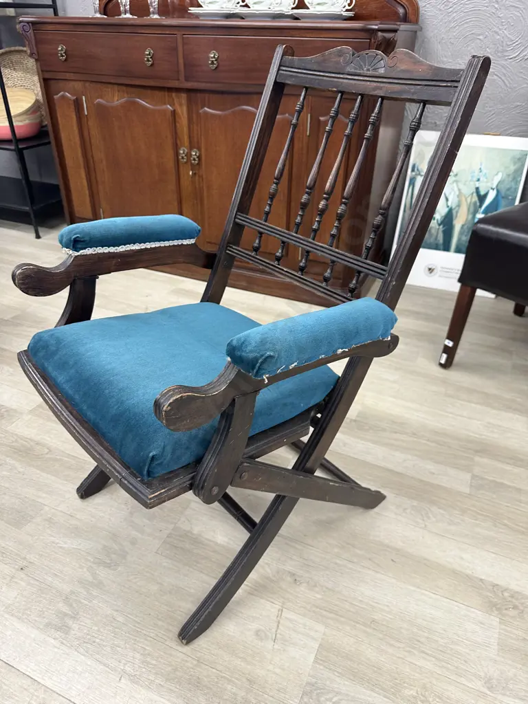 Antique Campaign Chair, Blue Draylon Fabric, Some Borer Holes Evident Image 1++