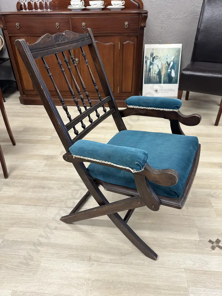 Antique Campaign Chair, Blue Draylon Fabric, Some Borer Holes Evident Image 1++