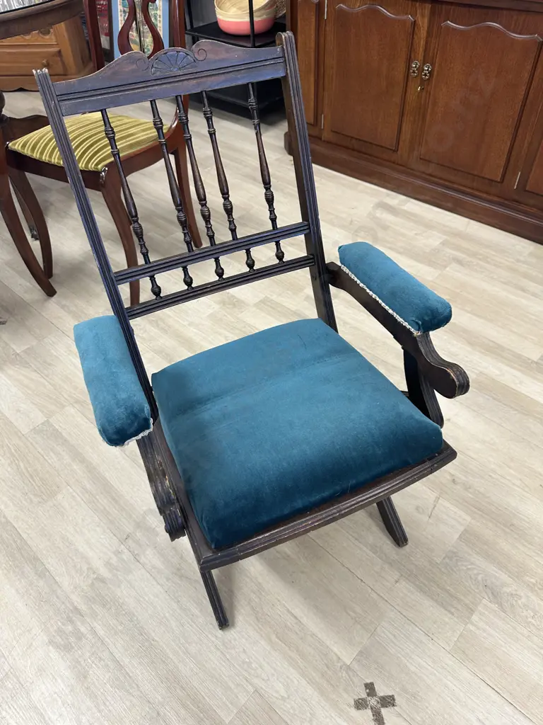 Antique Campaign Chair, Blue Draylon Fabric, Some Borer Holes Evident Image 1++