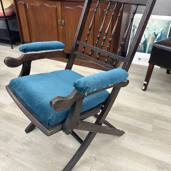 Antique Campaign Chair, Blue Draylon Fabric, Some Borer Holes Evident