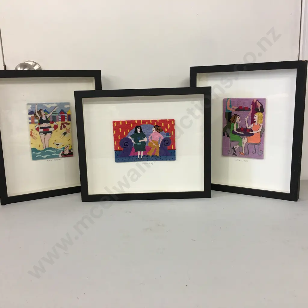 Framed Cross Stitch Artworks x 3 - 'Cafe Girls' 'Gossip' 'Bikini Freedom' Image 1++