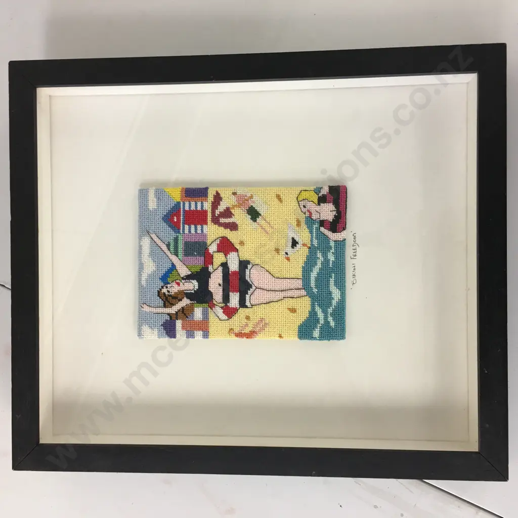 Framed Cross Stitch Artworks x 3 - 'Cafe Girls' 'Gossip' 'Bikini Freedom' Image 1++