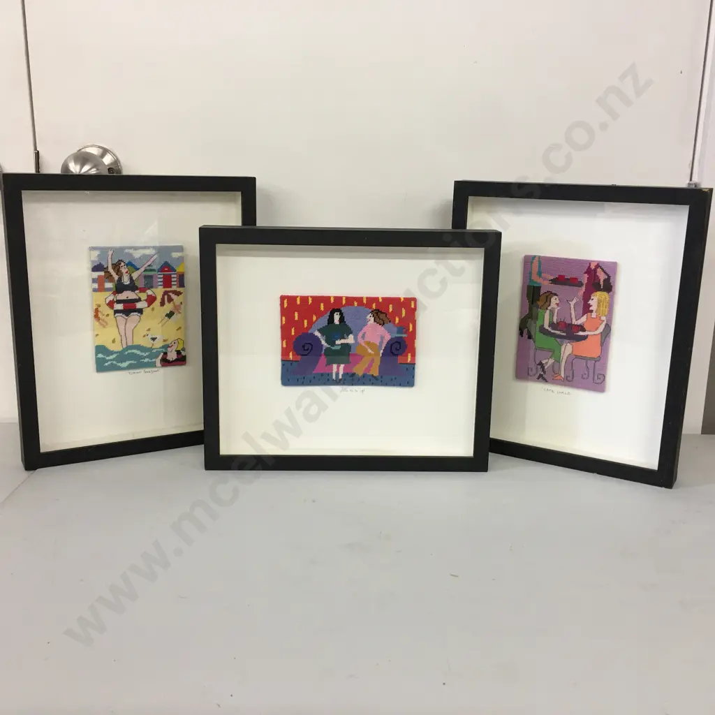 Framed Cross Stitch Artworks x 3 - 'Cafe Girls' 'Gossip' 'Bikini Freedom' Image 1++