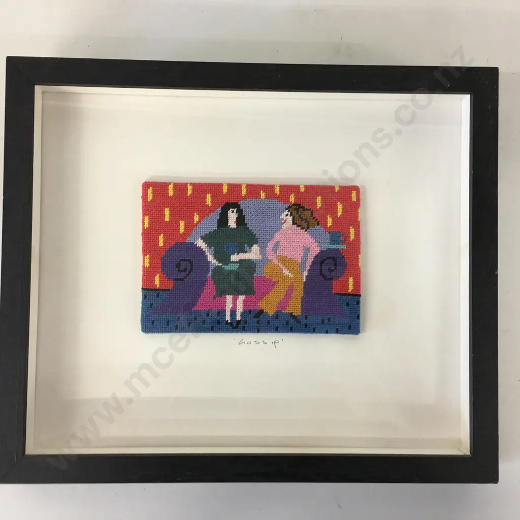 Framed Cross Stitch Artworks x 3 - 'Cafe Girls' 'Gossip' 'Bikini Freedom' Image 1++