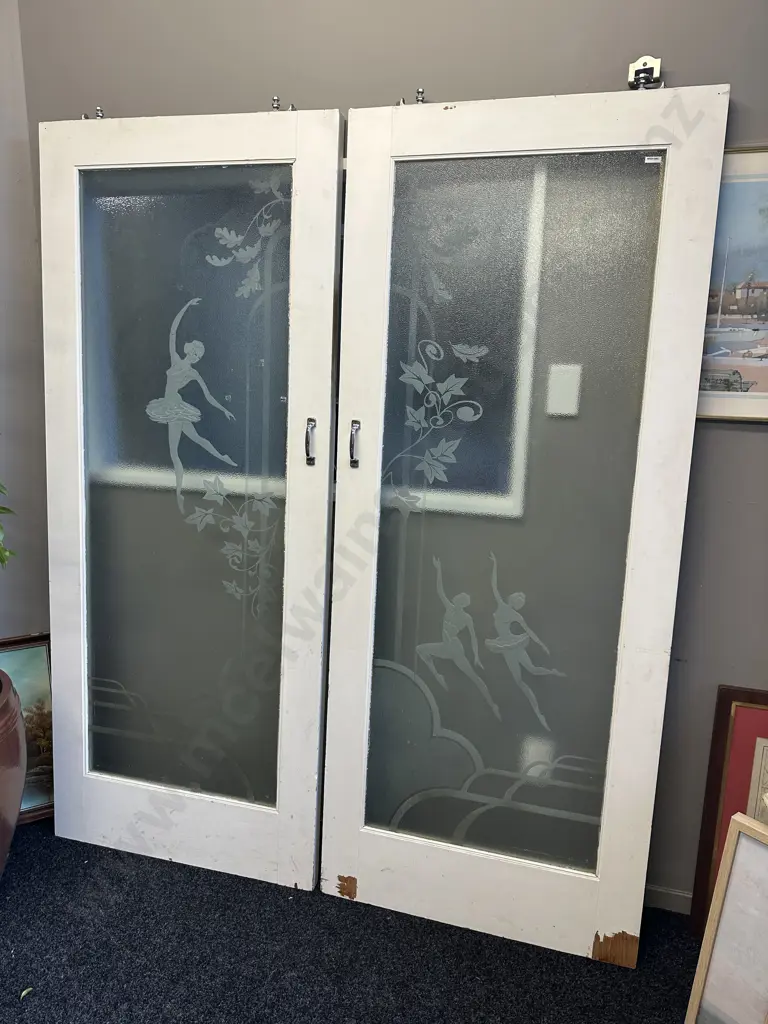 Pair of Vintage Interior Sliding Doors Frosted Glass With Ballerina & Ivy Detail, 198 x 81cm Image 1++