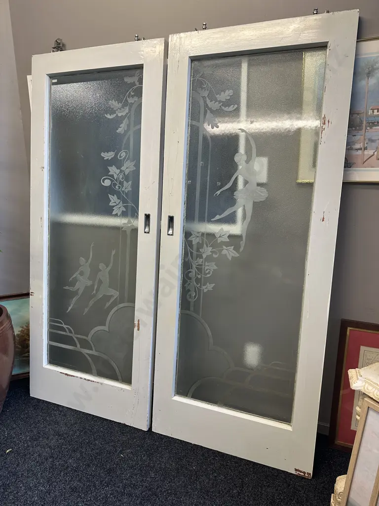 Pair of Vintage Interior Sliding Doors Frosted Glass With Ballerina & Ivy Detail, 198 x 81cm Image 1++