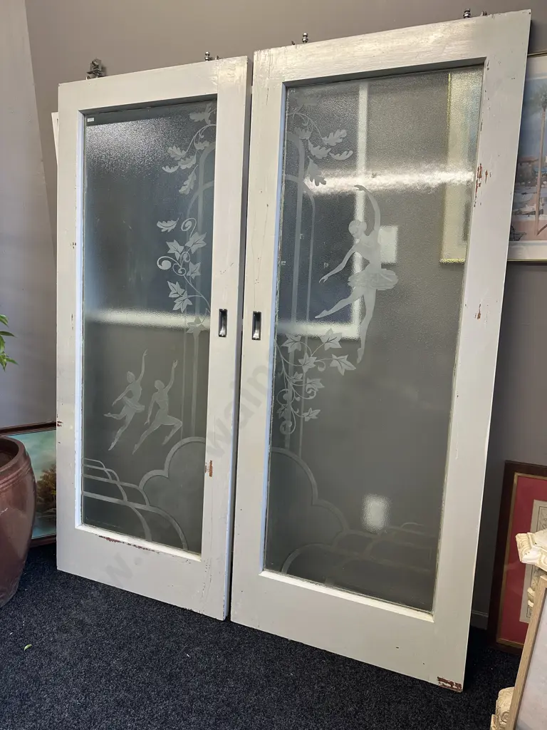 Pair of Vintage Interior Sliding Doors Frosted Glass With Ballerina & Ivy Detail, 198 x 81cm Image 1++