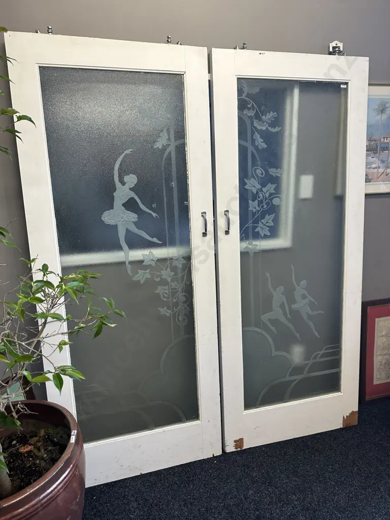 Pair of Vintage Interior Sliding Doors Frosted Glass With Ballerina & Ivy Detail, 198 x 81cm Image 1++