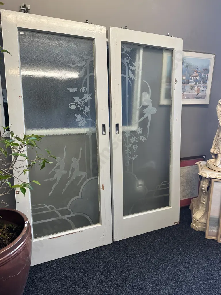 Pair of Vintage Interior Sliding Doors Frosted Glass With Ballerina & Ivy Detail, 198 x 81cm Image 1++