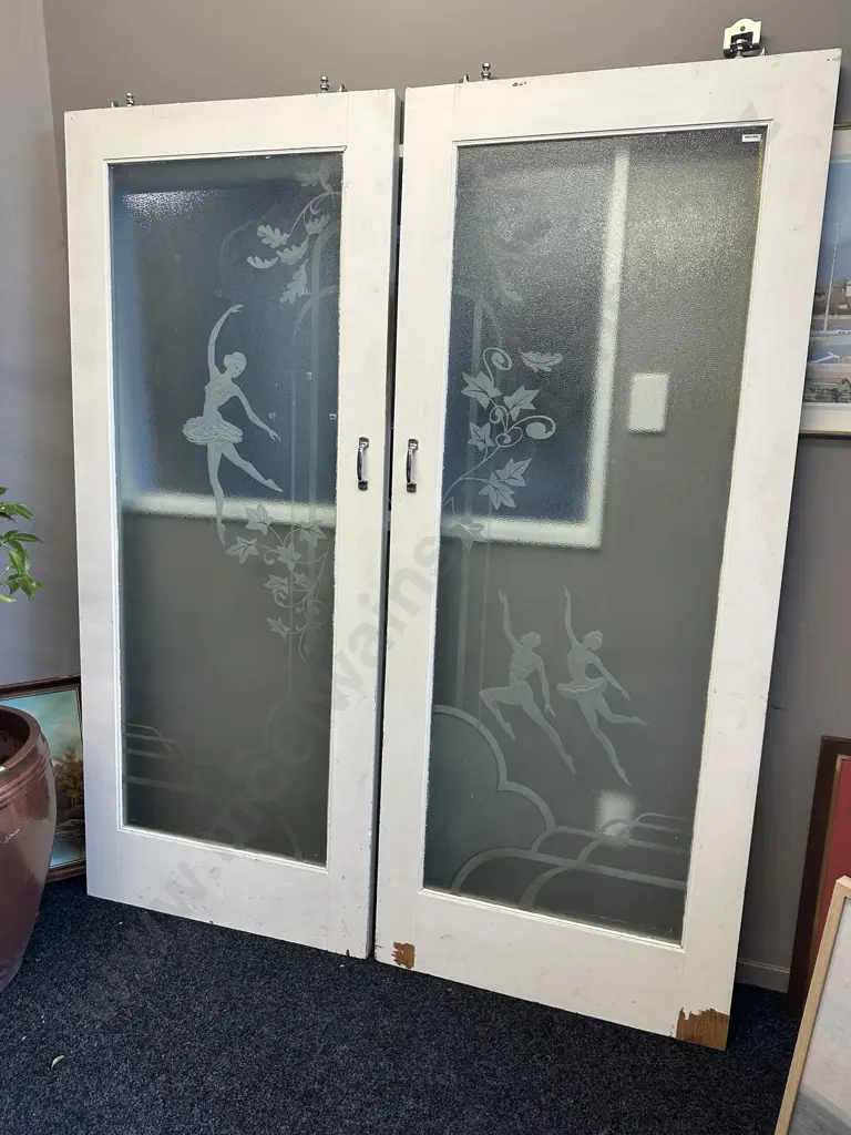 Pair of Vintage Interior Sliding Doors Frosted Glass With Ballerina & Ivy Detail, 198 x 81cm Image 1++