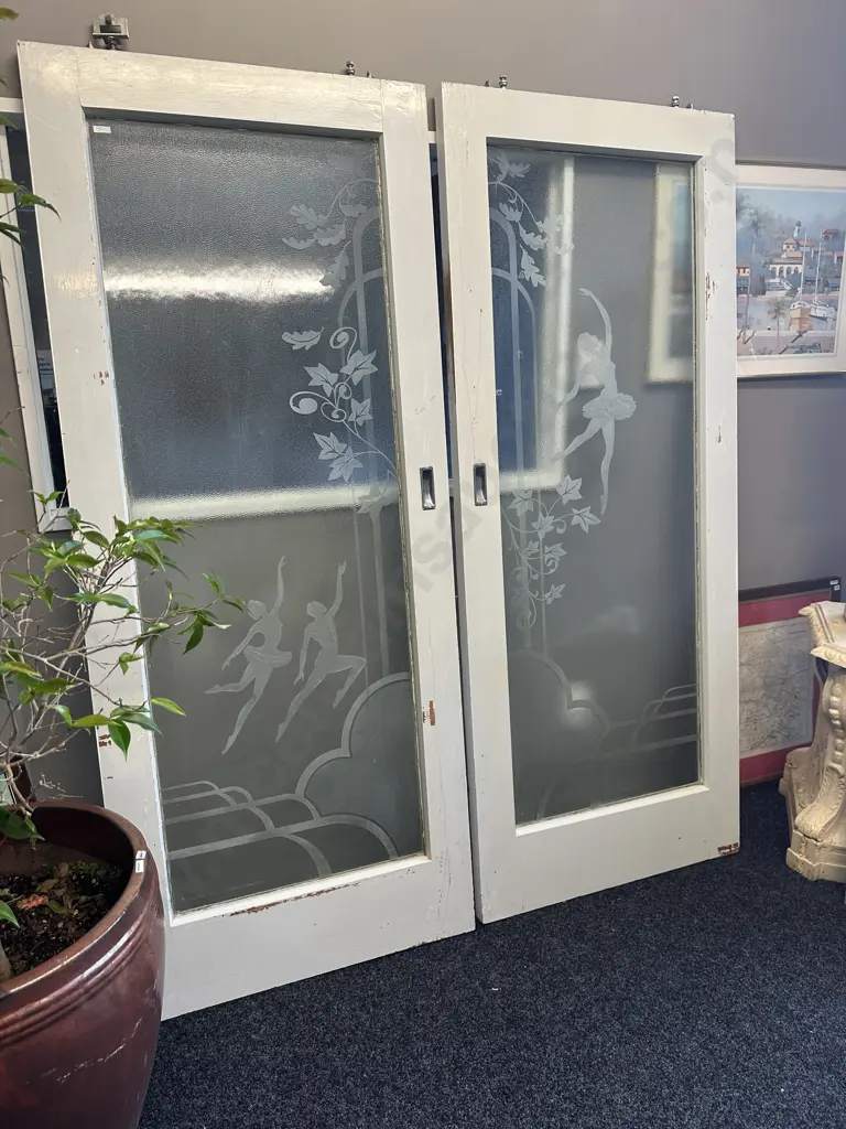 Pair of Vintage Interior Sliding Doors Frosted Glass With Ballerina & Ivy Detail, 198 x 81cm Image 1++