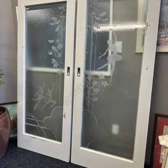 Pair of Vintage Interior Sliding Doors Frosted Glass With Ballerina & Ivy Detail, 198 x 81cm