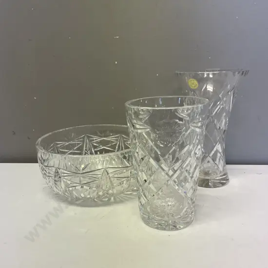 Two Heavy Cut Crystal Vases with Bowl