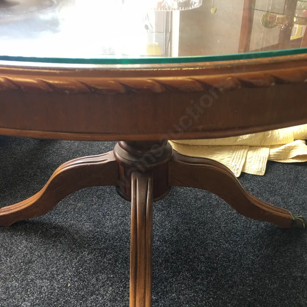 Mahogany Round Table, Glass Top, Brass Claw Feet, Rope Edged Image 1++