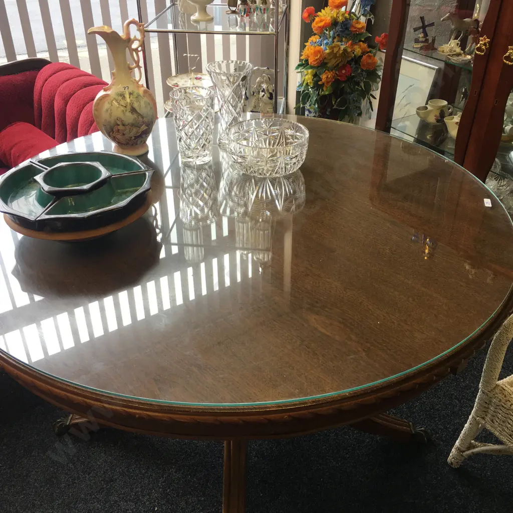 Mahogany Round Table, Glass Top, Brass Claw Feet, Rope Edged Image 1++