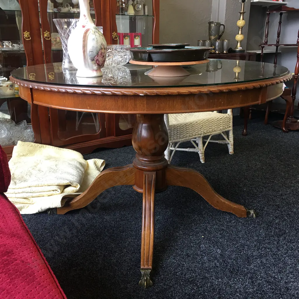 Mahogany Round Table, Glass Top, Brass Claw Feet, Rope Edged Image 1++