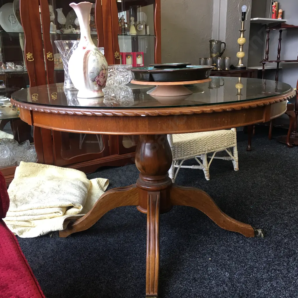 Mahogany Round Table, Glass Top, Brass Claw Feet, Rope Edged Image 1++