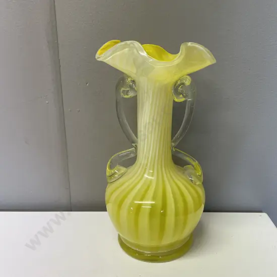 Art Glass two handled fluted Vase. yellow and white. H22.5cm