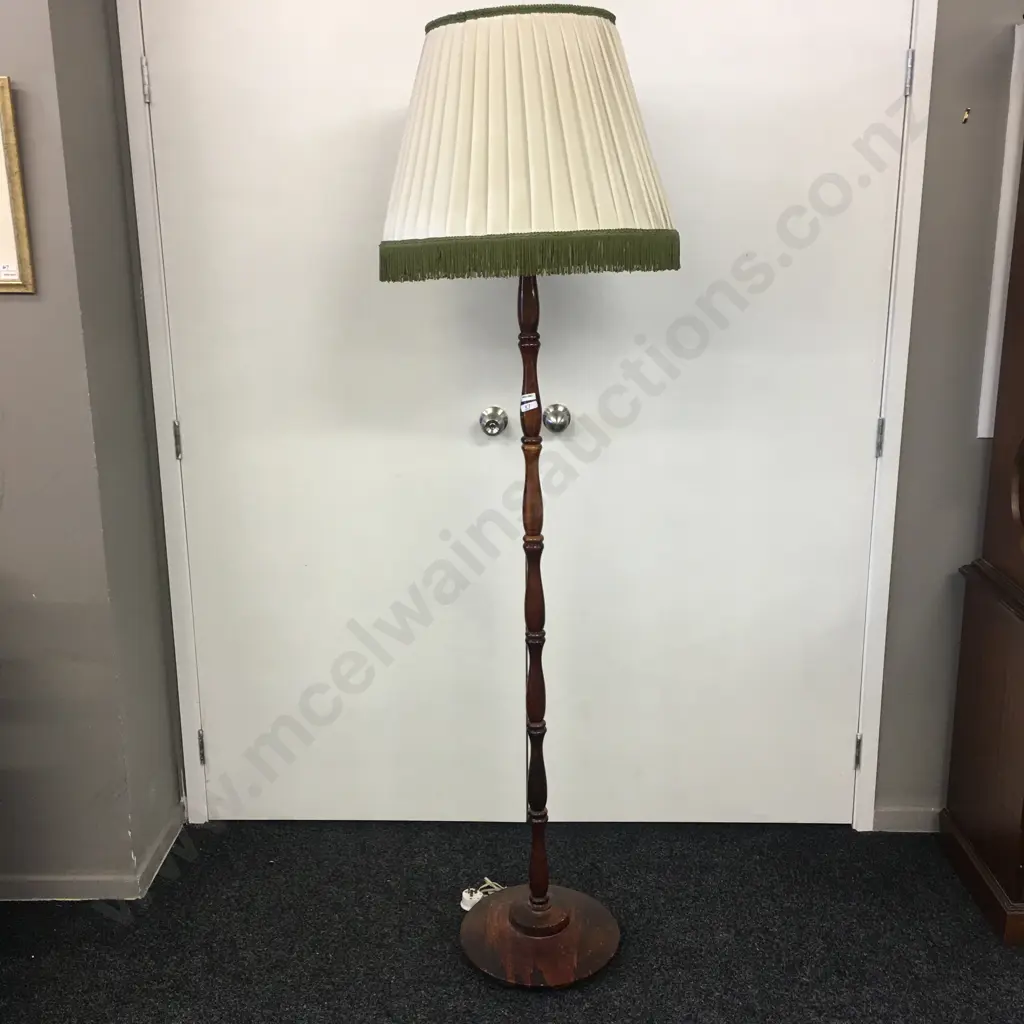 Mahogany Standard lamp, Cream & Green Fringed Shade, H185cm Image 1++