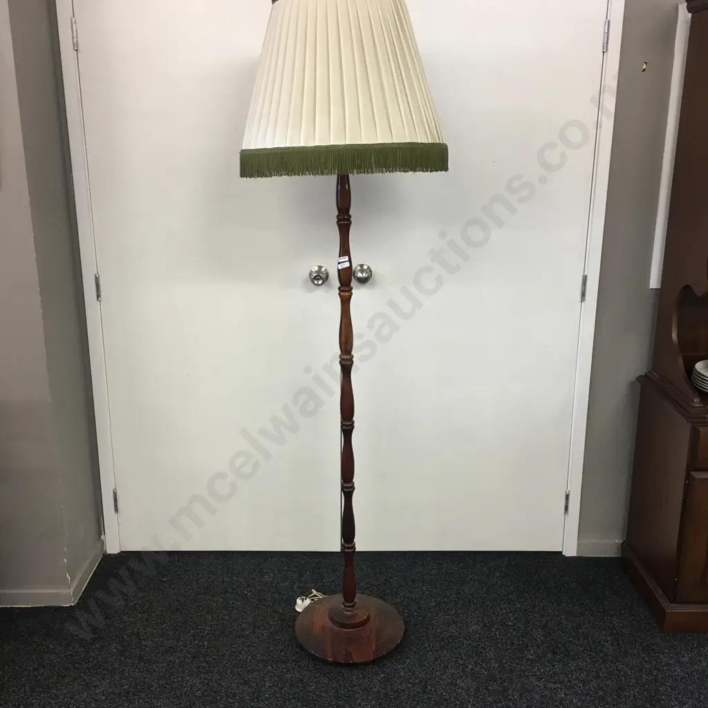 Mahogany Standard lamp, Cream & Green Fringed Shade, H185cm Image 1++