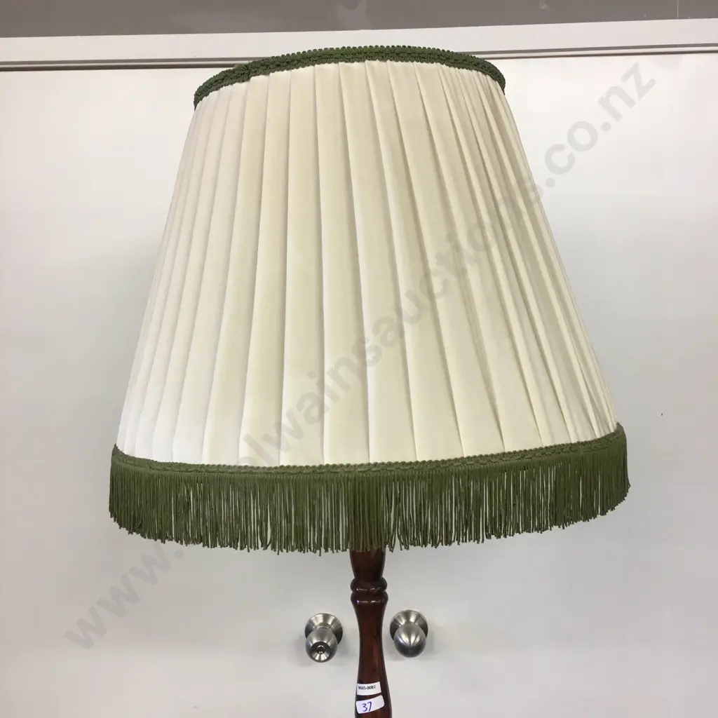 Mahogany Standard lamp, Cream & Green Fringed Shade, H185cm Image 1++