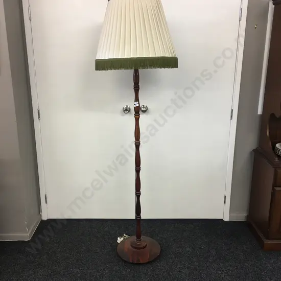 Mahogany Standard lamp, Cream & Green Fringed Shade, H185cm