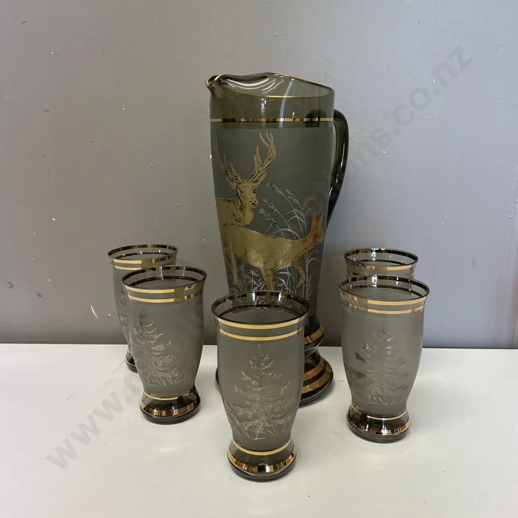 Vintage 6 Piece Water Jug set. Gilded and silverene detail of Stag and trees (af to handle) Image 1++