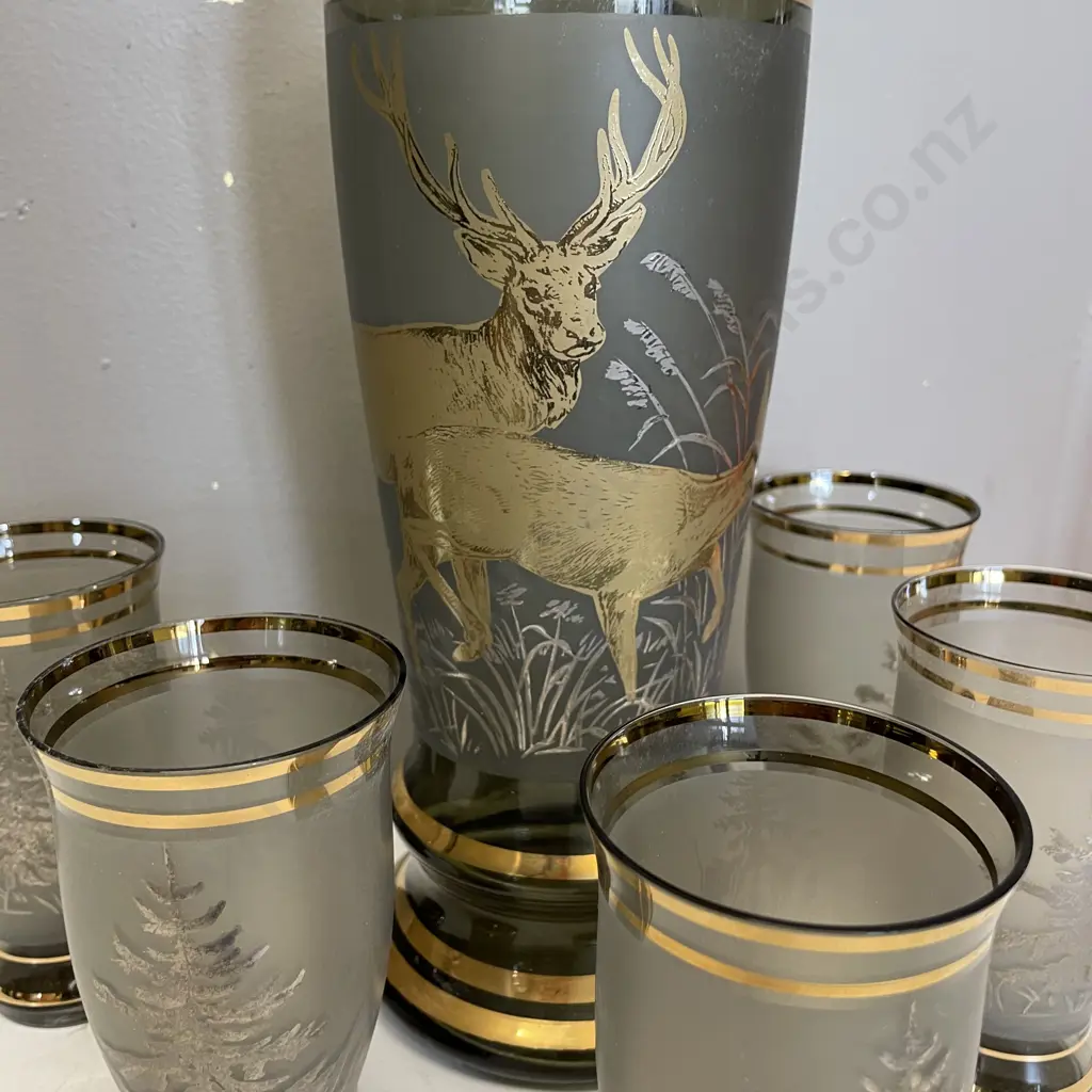 Vintage 6 Piece Water Jug set. Gilded and silverene detail of Stag and trees (af to handle) Image 1++