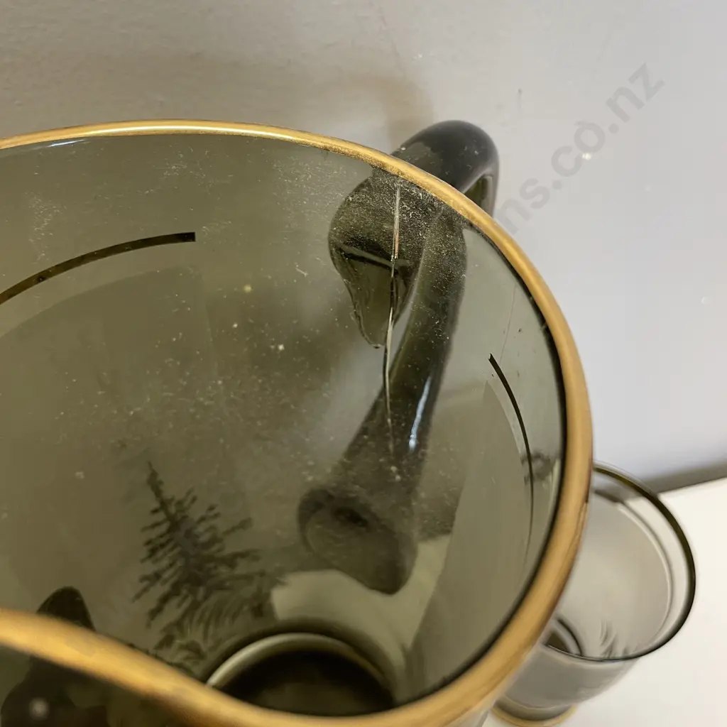 Vintage 6 Piece Water Jug set. Gilded and silverene detail of Stag and trees (af to handle) Image 1++