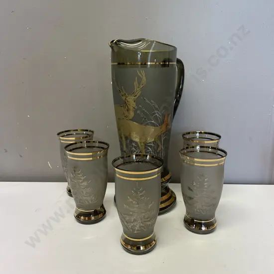 Vintage 6 Piece Water Jug set. Gilded and silverene detail of Stag and trees (af to handle)