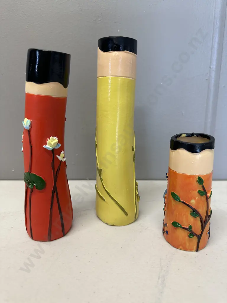 Set of Three Decorative Painted Wooden Vases Image 1++
