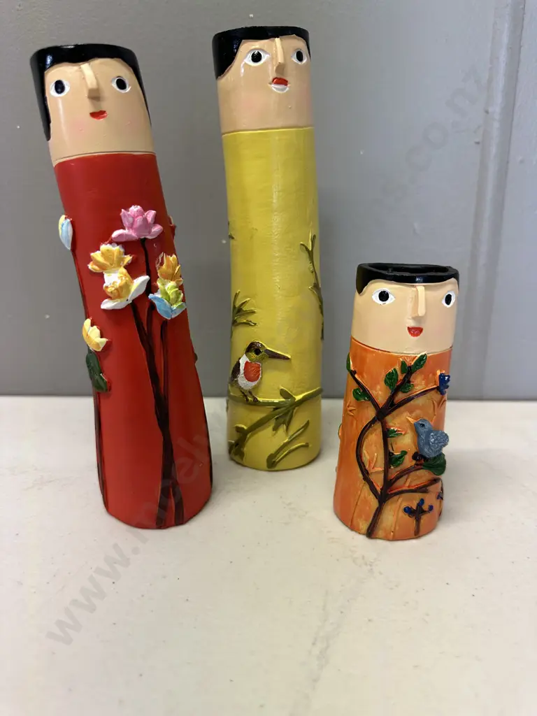 Set of Three Decorative Painted Wooden Vases Image 1++