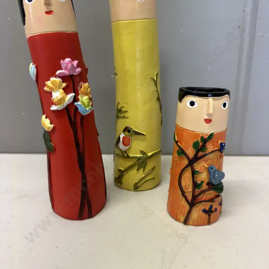 Set of Three Decorative Painted Wooden Vases