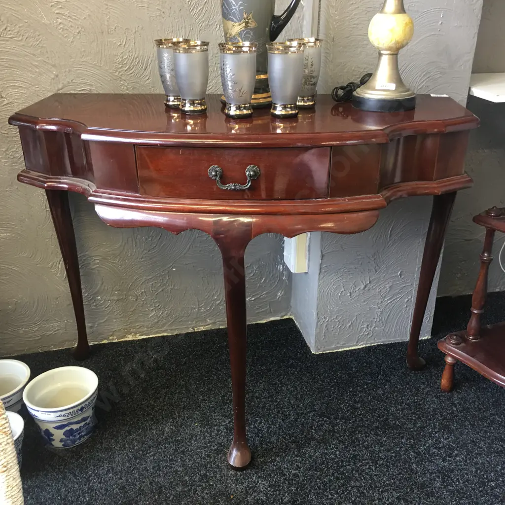Queen Anne Style Mahogany 1/2 Round Table, Single Drawer, H73 W97 D41cm Image 1++