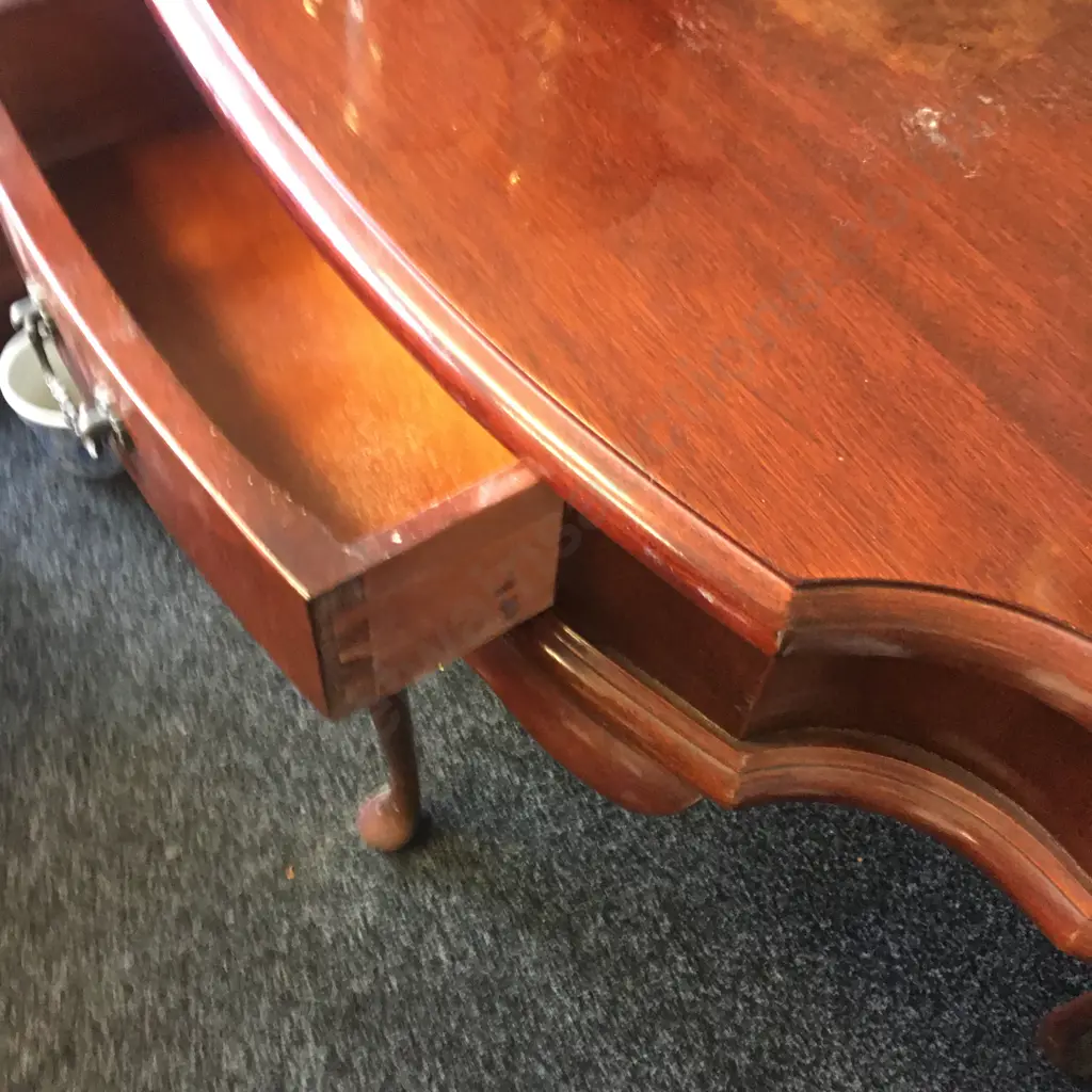Queen Anne Style Mahogany 1/2 Round Table, Single Drawer, H73 W97 D41cm Image 1++