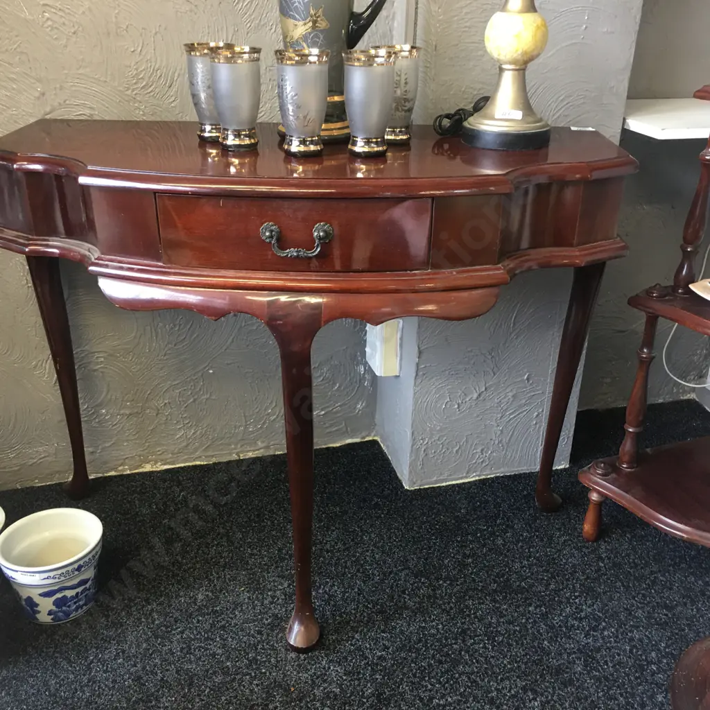 Queen Anne Style Mahogany 1/2 Round Table, Single Drawer, H73 W97 D41cm Image 1++