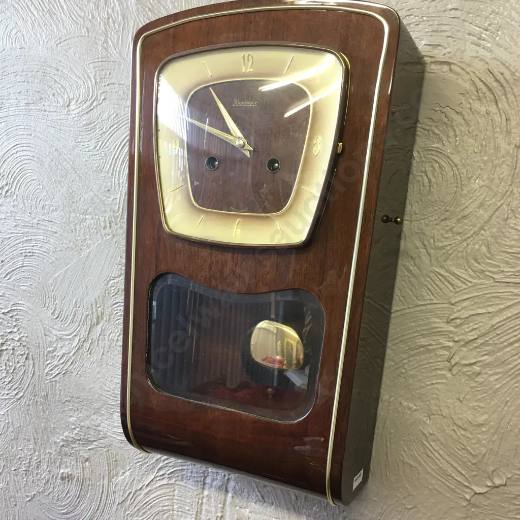 Mid Century 1960s Keninger Pendulum Chiming Wall Clock With Key, H43 W25 D11cm Image 1++