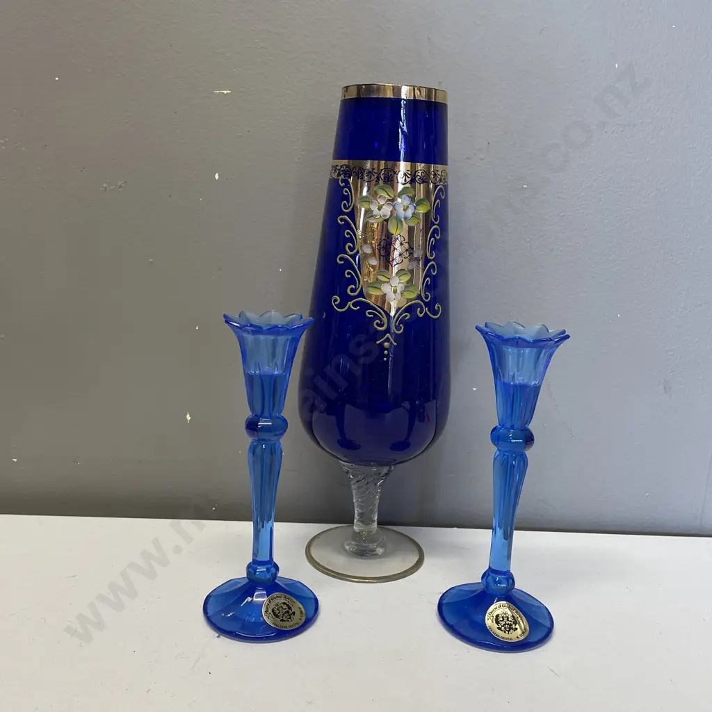 Pair of German Blue Art Glass Candlesticks H15.5cm with Venetian Glass Vase H27cm Image 1++