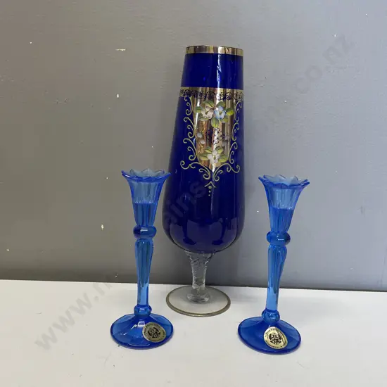 Pair of German Blue Art Glass Candlesticks H15.5cm with Venetian Glass Vase H27cm