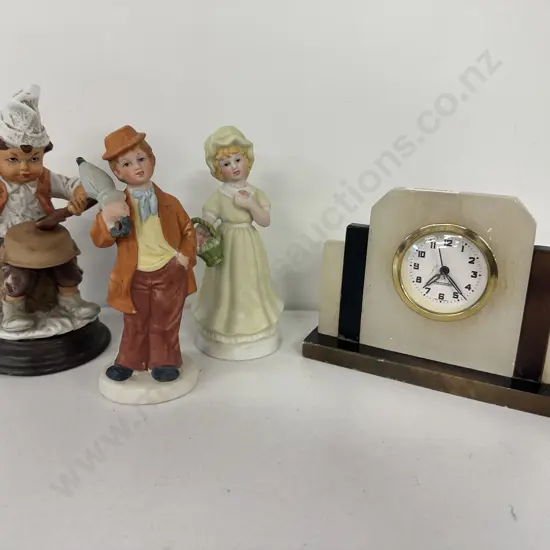Vintage German Mercedes Marble Mantel Clock, 12.5 x 17.5cm With 3 Small Figurines