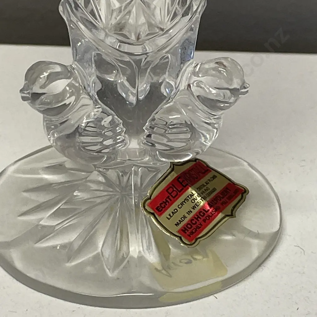 VIntage Bleikristall Lead Crystal Vase with ruby glass panels with birds and 3 moulded birds on base. H18cm Image 1++