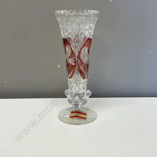 VIntage Bleikristall Lead Crystal Vase with ruby glass panels with birds and 3 moulded birds on base. H18cm