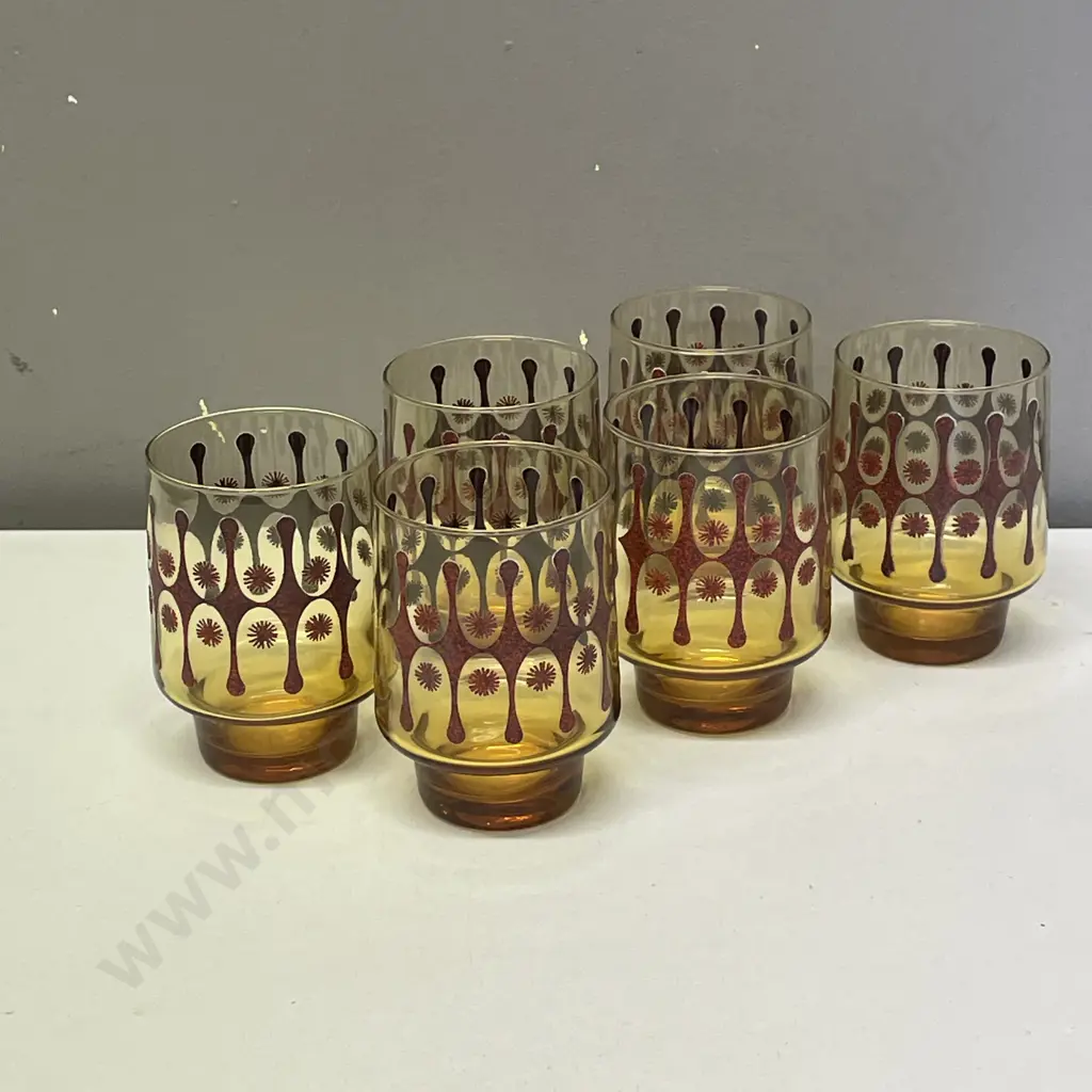Mid Century Kaaru Set of 6 Amber Glasses with applied red handpainted design Image 1++
