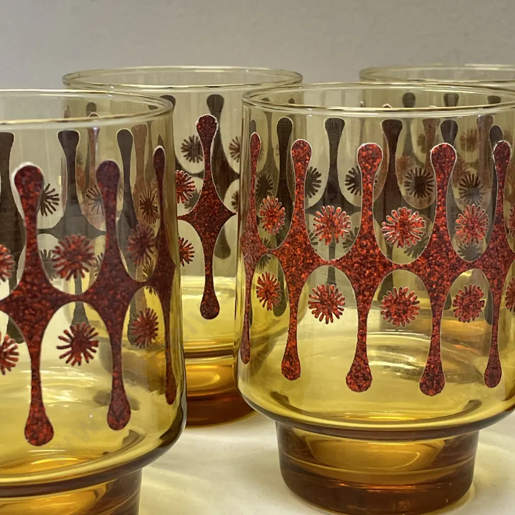 Mid Century Kaaru Set of 6 Amber Glasses with applied red handpainted design Image 1++