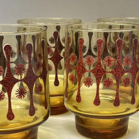 Mid Century Kaaru Set of 6 Amber Glasses with applied red handpainted design