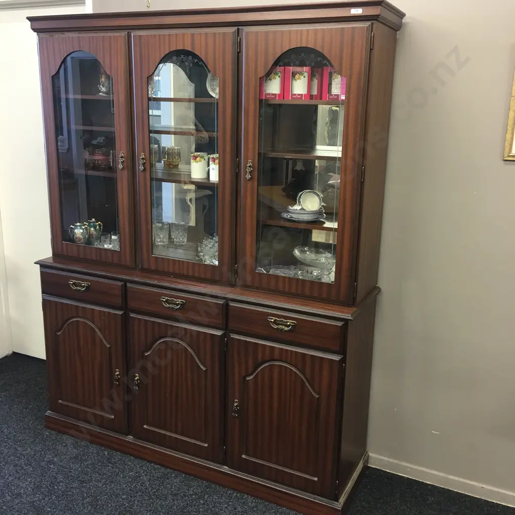 Mahogany Effect 2Pce Wall Unit, 3 Glass Doors, H187 W150 D40cm Image 1++