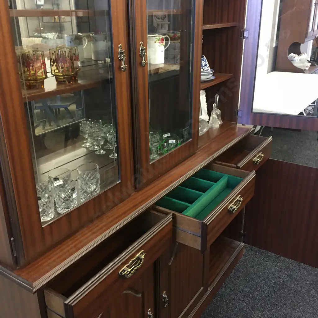 Mahogany Effect 2Pce Wall Unit, 3 Glass Doors, H187 W150 D40cm Image 1++