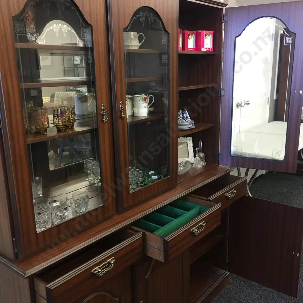 Mahogany Effect 2Pce Wall Unit, 3 Glass Doors, H187 W150 D40cm Image 1++