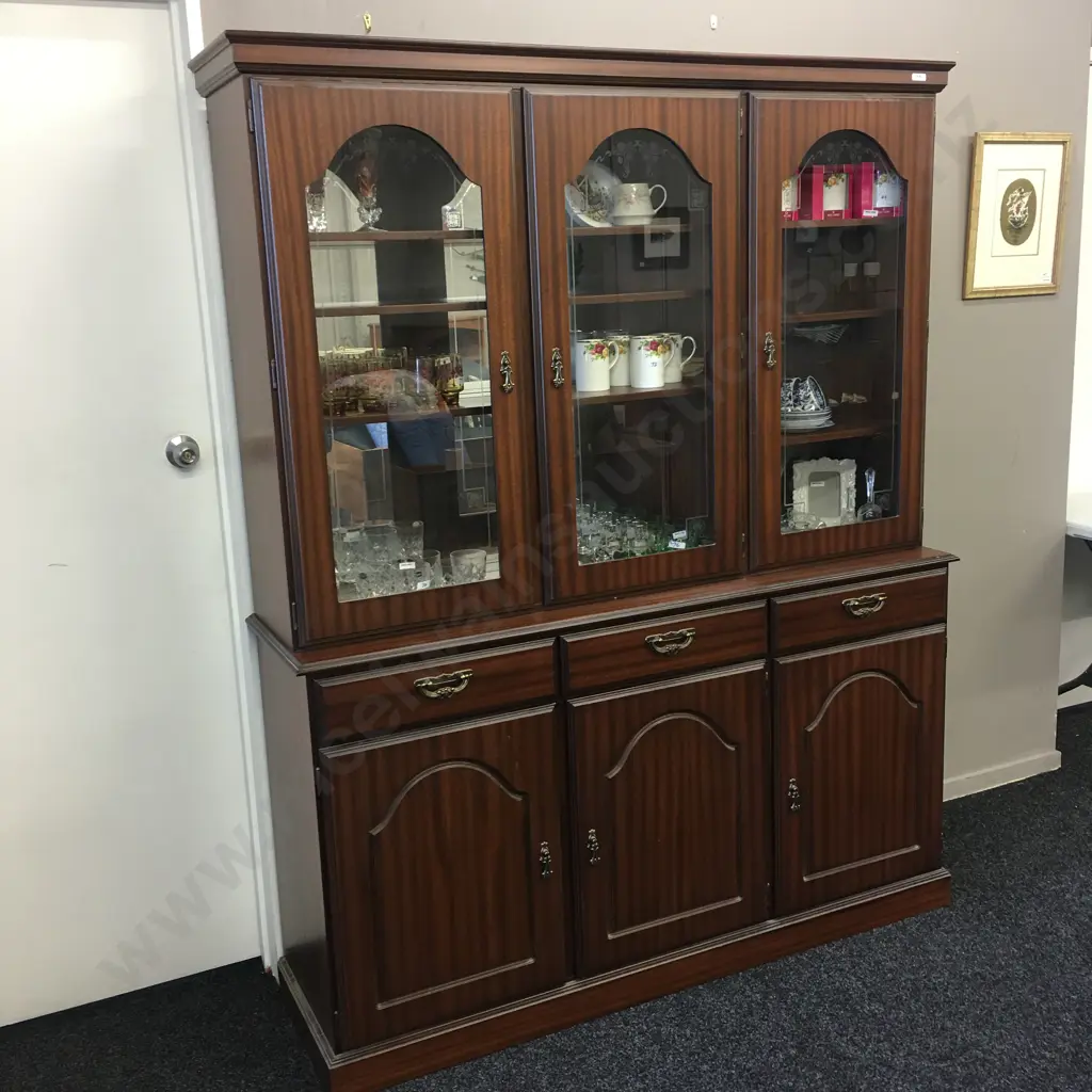 Mahogany Effect 2Pce Wall Unit, 3 Glass Doors, H187 W150 D40cm Image 1++