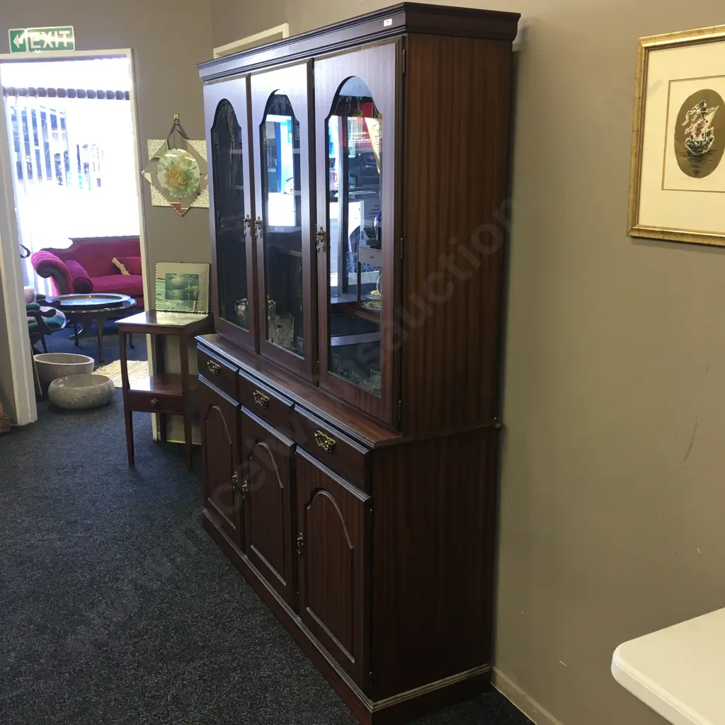 Mahogany Effect 2Pce Wall Unit, 3 Glass Doors, H187 W150 D40cm Image 1++